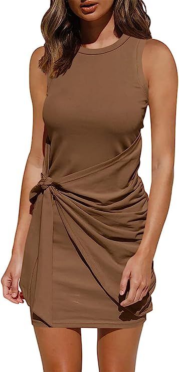AMABMB Women's Summer Dress Casual Sleeveless Tank Dress Crewneck Ruched Tie Waist Mini Dresses | Amazon (US)