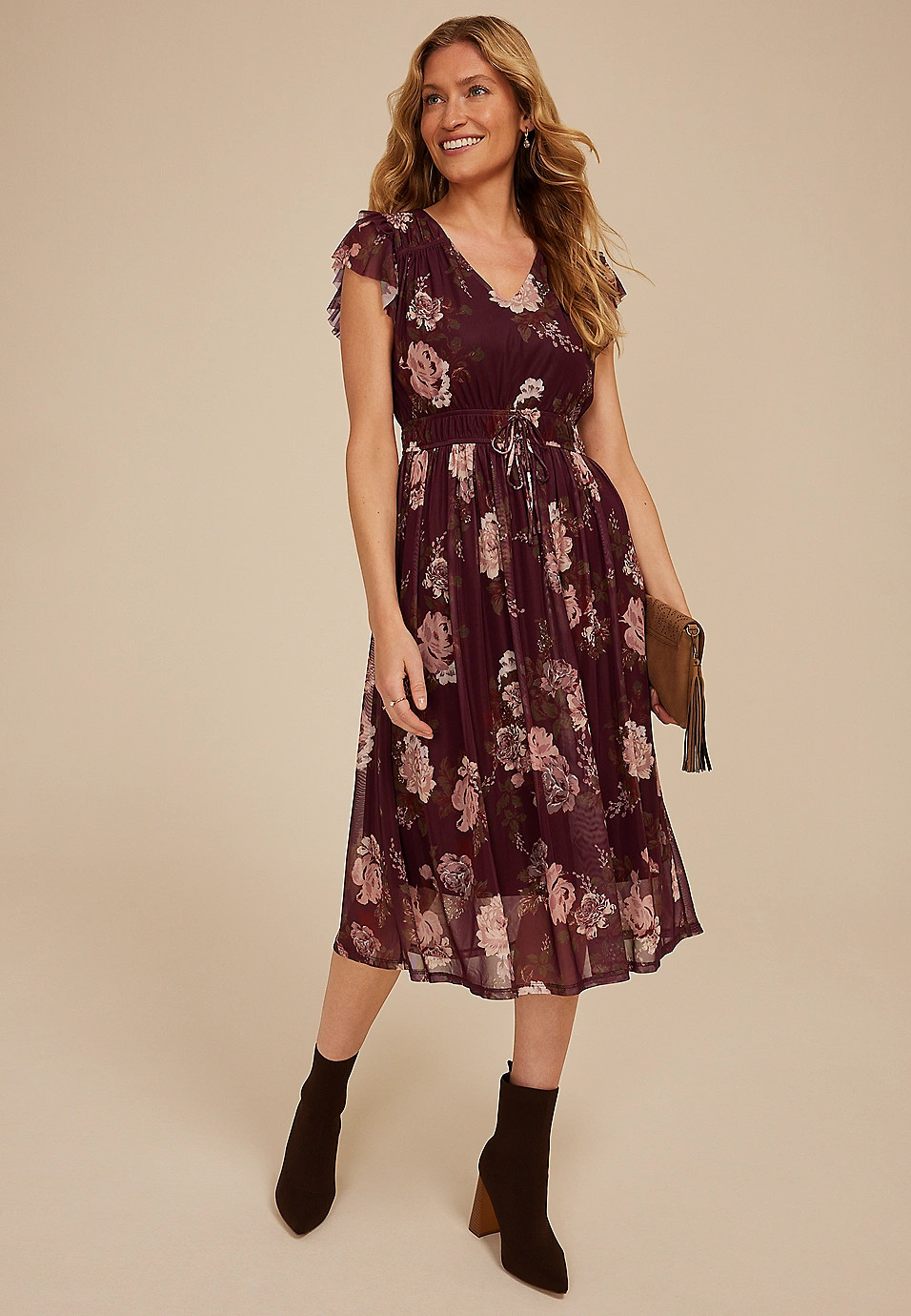 Floral Mesh Flutter Sleeve Midi Dress | Maurices