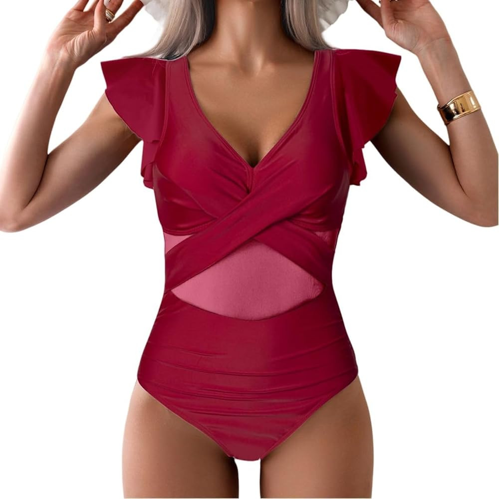 YaShaer Women's One Piece Swimsuit Bathing Suit Retro Ruffled V Neck Bathing Suits Tummy Control ... | Amazon (US)