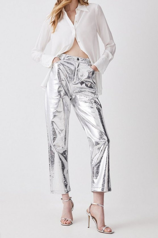 Metallic Faux Leather Straight Leg Pants | Karen Millen US