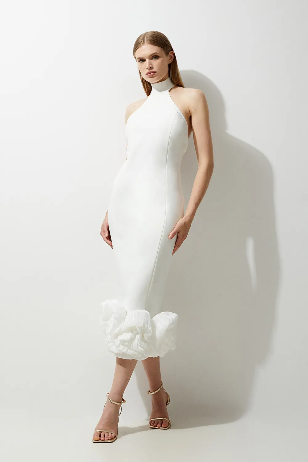 Ivory Figure Form Bandage Ruffle Hem Halter Knit Midi Dress | Karen Millen USA | Karen Millen