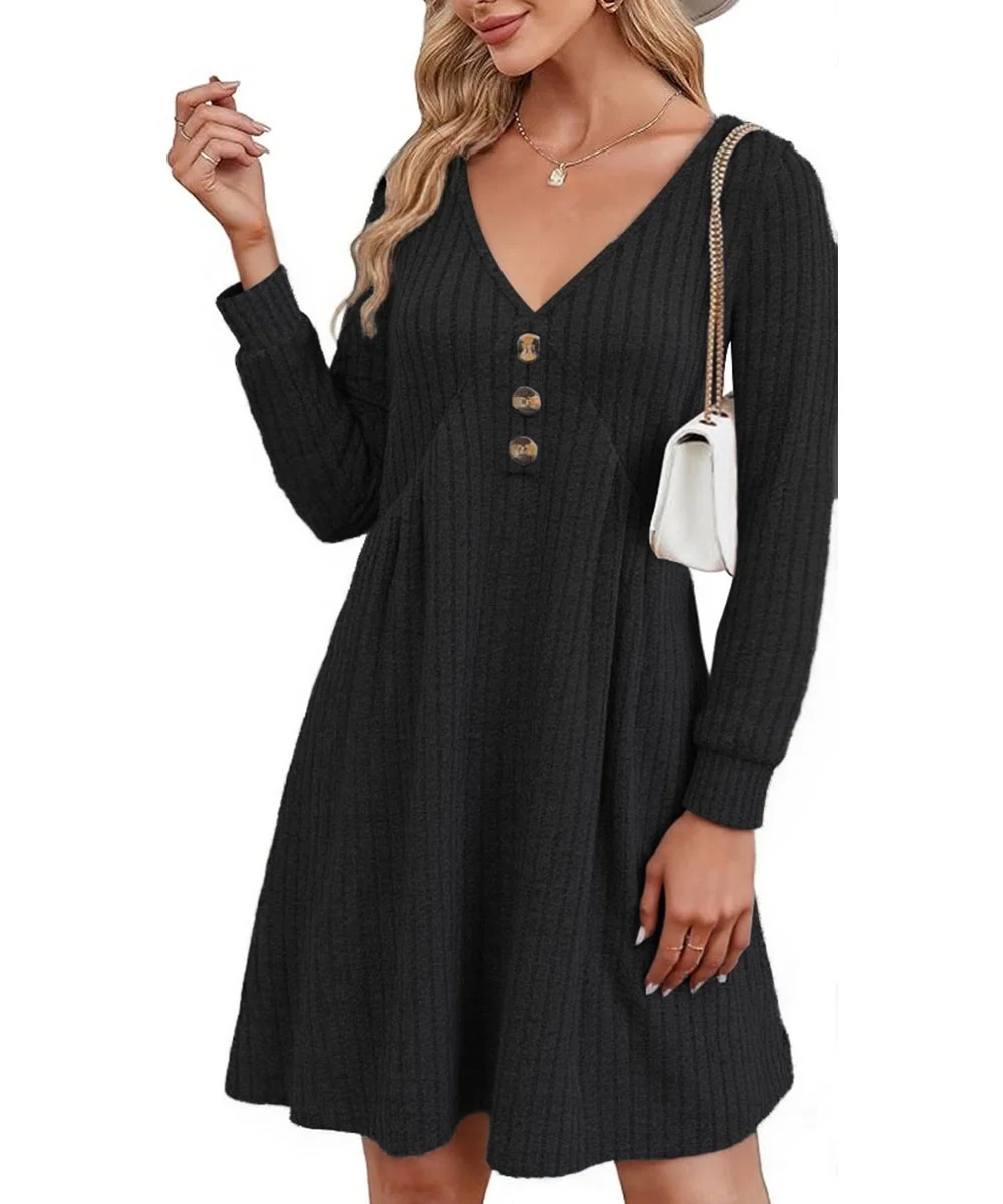 NJWS Women Long Sleeve V Neck Sweater Dress Knee Length A Line Ribbed Button Dresses Winter Fall ... | Walmart (US)