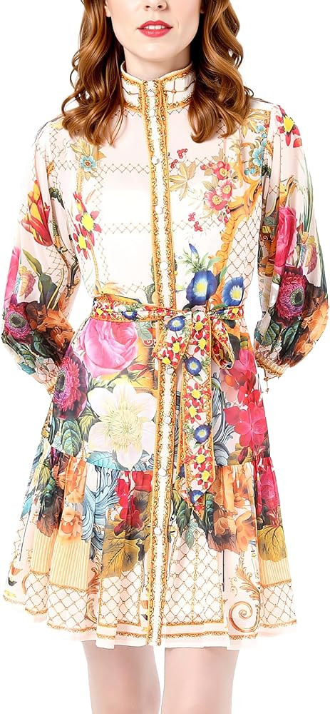 LAI MENG FIVE CATS Women's Floral Print Lantern Sleeve Ruffle Casual Button Belted Thin Loose Fit... | Amazon (US)