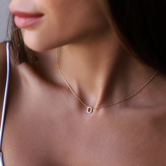 Custom Dainty Pave Letter Necklace with CZ Diamonds, Handmade Tiny Cute Initial Necklace • Pers... | Etsy (US)