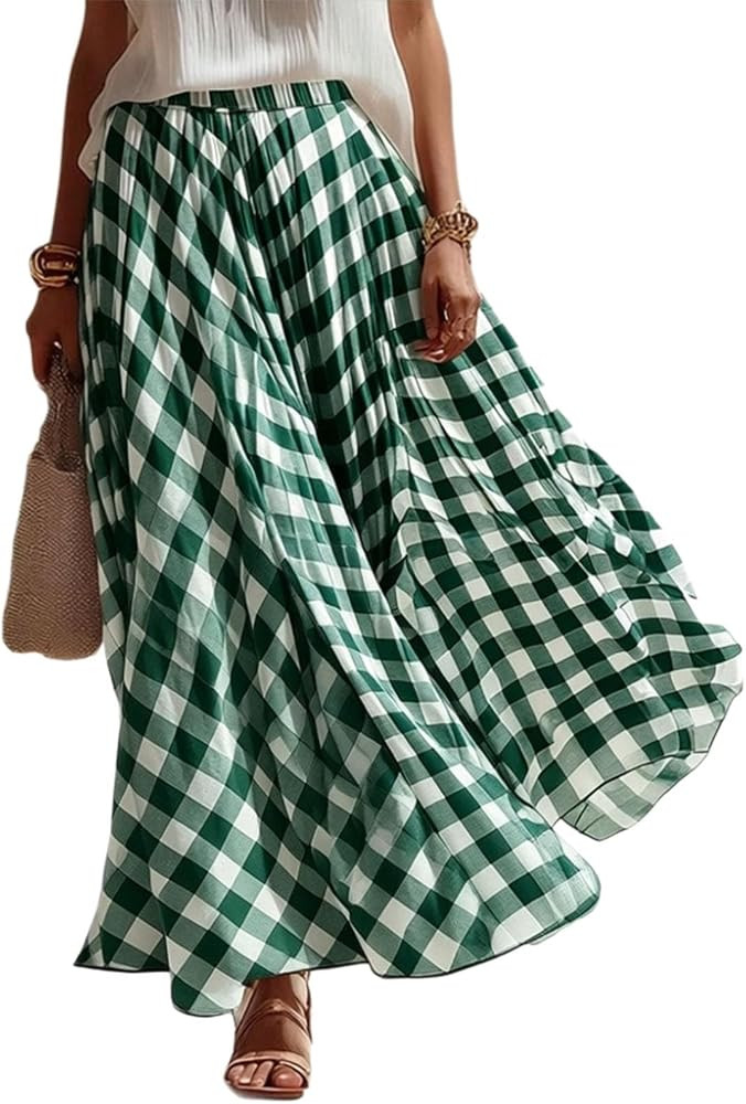 Boho Skirts for Women Summer Midi Length Loose Fit Plaid Long Flowy Elastic Waist A-Line Skirt Be... | Amazon (US)