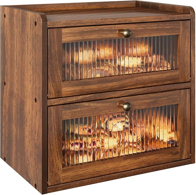 Double Layer Large Bread Box for Kitchen Counter, Wooden Corner Bread Storage Container with Acry... | Amazon (US)