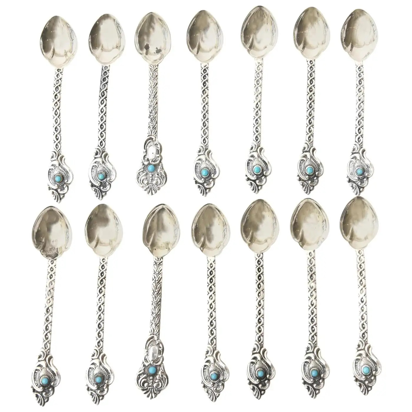 Vintage Sterling Silver and Turquoise Demitasse and Serving Spoons Set Of 14 | 1stDibs