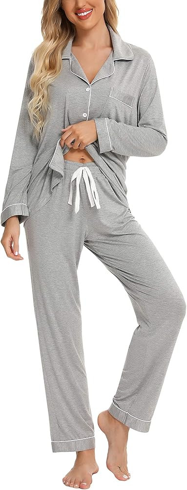 Senert Pajamas Set For Women Long Sleeve Sleepwear Soft Button Down Shirt with Long Pants Pj Loun... | Amazon (US)