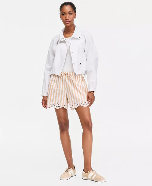 On 34th Women's Stripe Mid-Rise Embroidered Eyelet Linen Blend Pull-On Shorts, Macy's Exclusive -... | Macy's