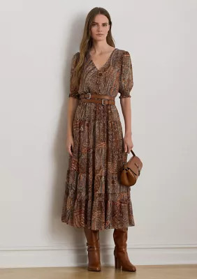 Lauren Ralph Lauren Women's Paisley Belted Crinkle Georgette Dress, White, 14 | Belk