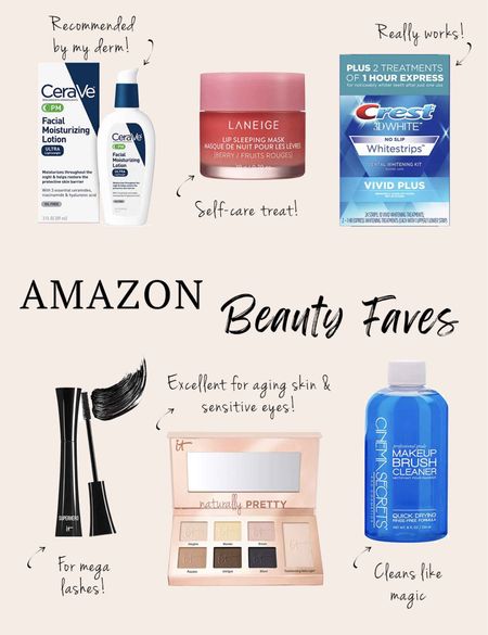 A few of my favorite beauty finds that I order from Amazon:
CeraVe nighttime moisturizer, no smell, not greasy, absorbs quickly and makes skin feel soft and elastic

La Neige lip mask, feels so smooth, just a great little way to pamper yourself before bed or anytime

Crest white strips, these really work and I only use them about once a year or every six months if I have some special occasion

It Cosmetics mascara and eyeshadow, yes these are authentic & I can often find them on sale on Amazon. Both are excellent for sensitive eyes and aging skin

Makeup remover, just dip and wipe and makeup melts off. Good way to protect your investment of quality makeup brushes #amazon #beauty

#LTKbeauty