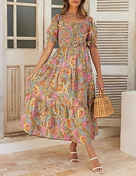 ZESICA Women's 2025 Summer Boho Floral Print Square Neck Ruffle Swing Beach Long Maxi Dress | Amazon (US)