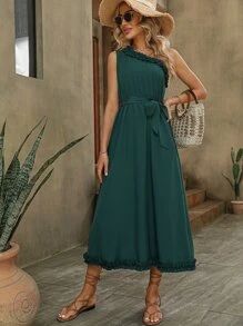 One Shoulder Frill Trim Belted Dress SKU: sw2212209060316867$16.99$16.14Join for an Exclusive 5% ... | SHEIN