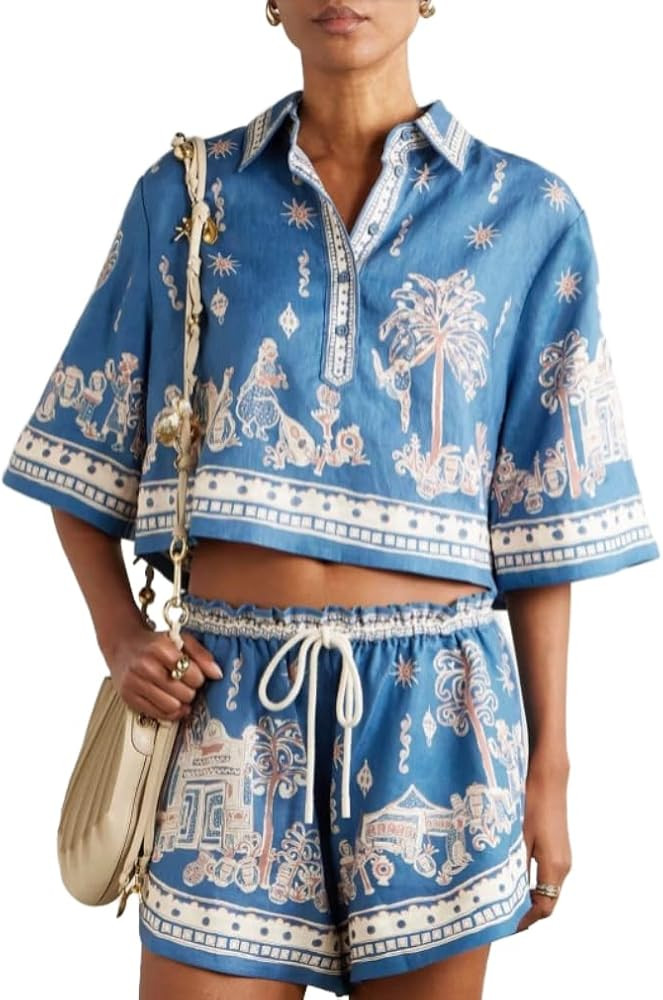 Mandonce 2 Piece Outfits for Women Printed Short Sleeve Crop Top Linen Shirt and Linen Printed Shorts Summer Vacation Set | Amazon (US)