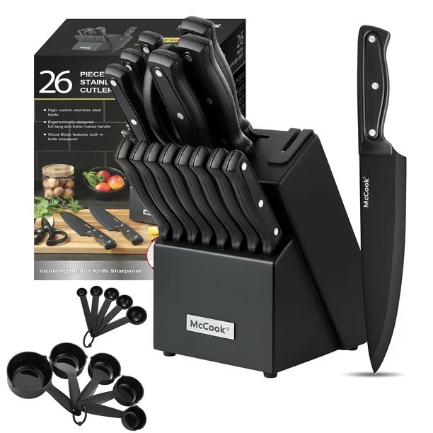 McCookMcCook DISHWASHER SAFE MC701 Black Knife Sets of 26, Stainless Steel Kitchen Knives Block S... | Walmart (US)
