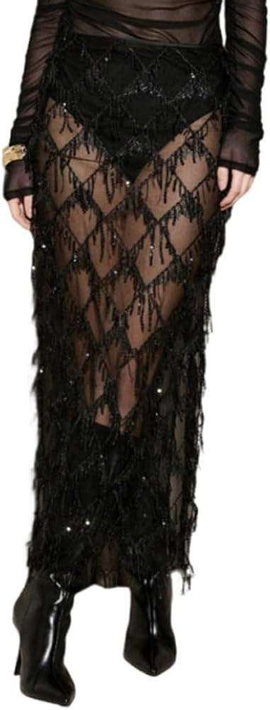Pinclodly Sequin Skirt for Women Elastic High Waist See Through Maxi Skirt Side Slit Sparkly Frin... | Amazon (US)