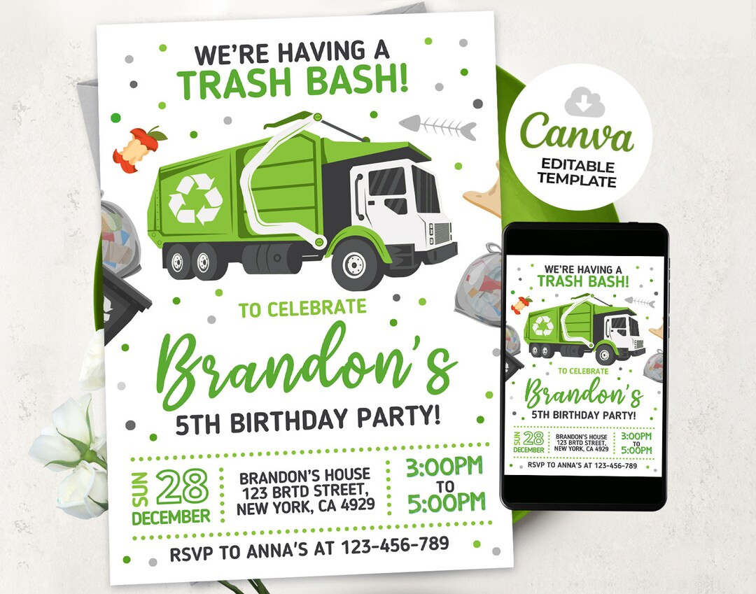Garbage Truck Birthday Invitation, Dump Trucks Party Invitation, Trash Bash Boys Template, Recycl... | Etsy (US)