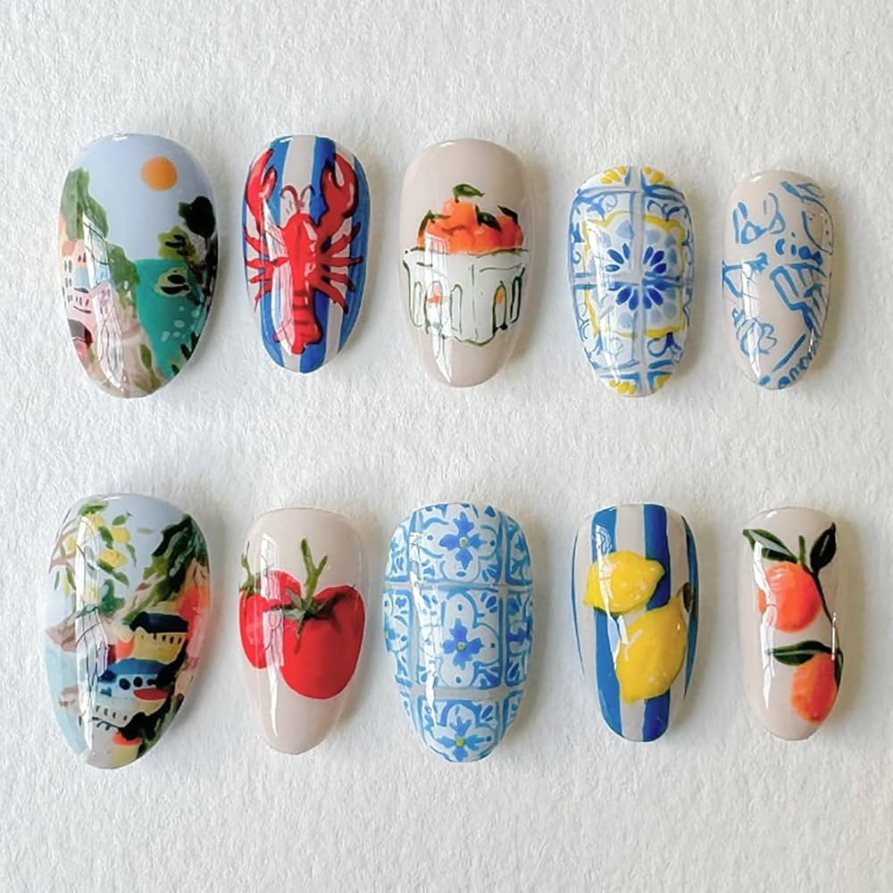 Holiday Nails Almond Press on Nails Short Fake Nails Fruit Acrylic Nails Shrimp Nails Press ons w... | Amazon (US)