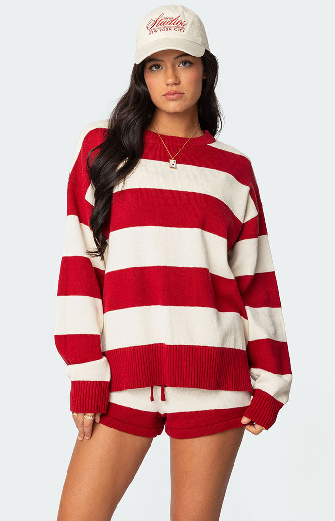 Edikted Women's Riley Oversized Striped Sweater in Burgundy/White - Size Medium | PacSun