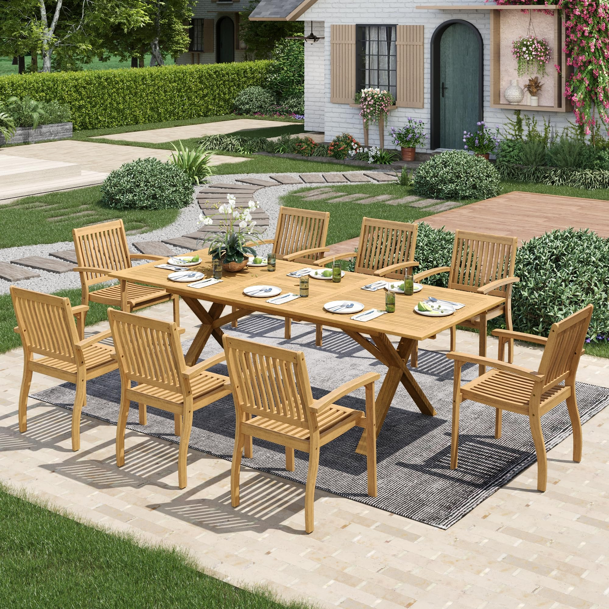 Acacia Wood Outdoor Dining Set, 9 Pieces Patio Dining Table and Chairs Set, Expandable Dining Tab... | Amazon (US)