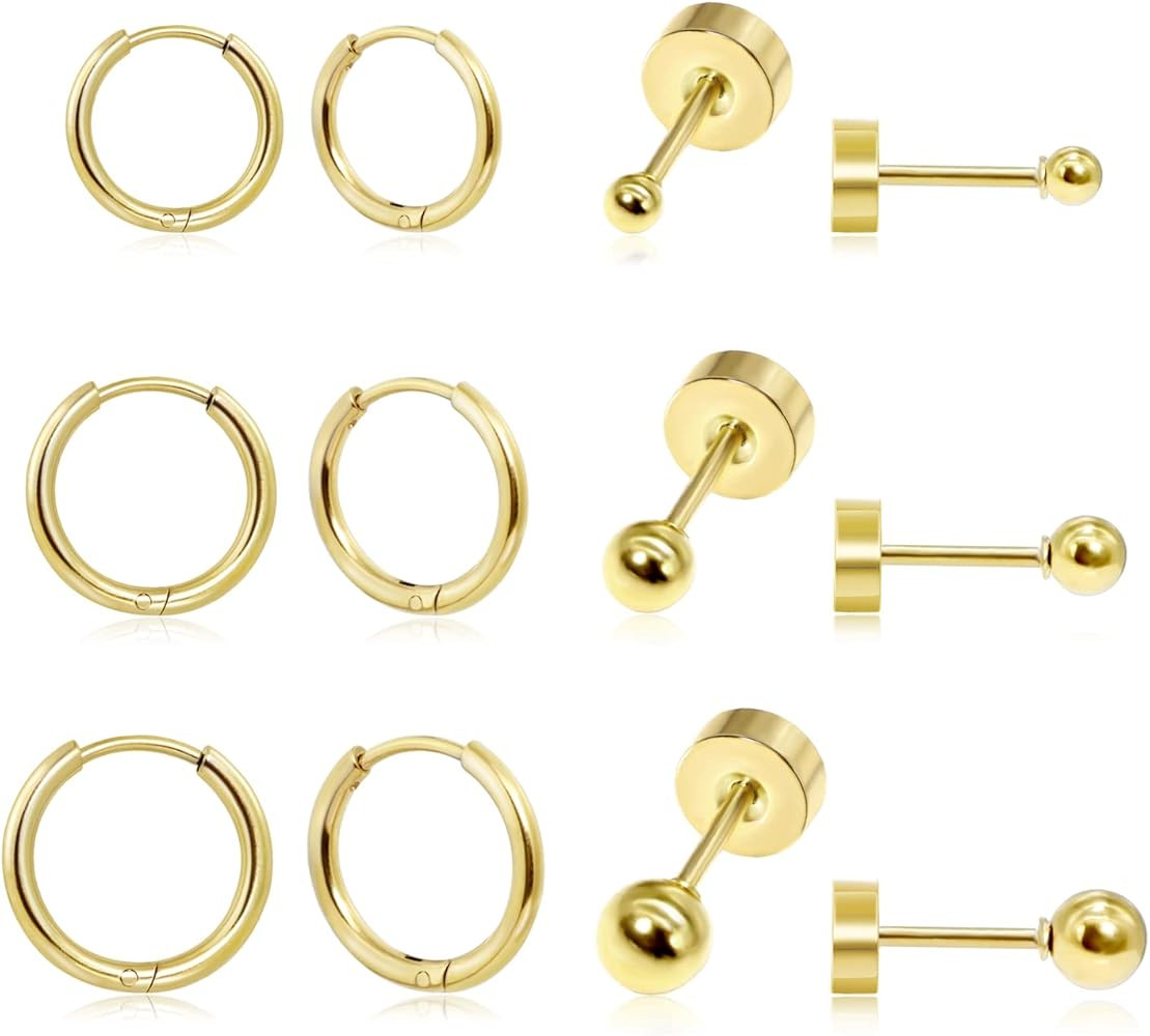 Dainty 6 Pairs Earrings Sets for Multiple Piercing, Lightweight 14K Gold Plated Small Huggie Hoop... | Amazon (US)