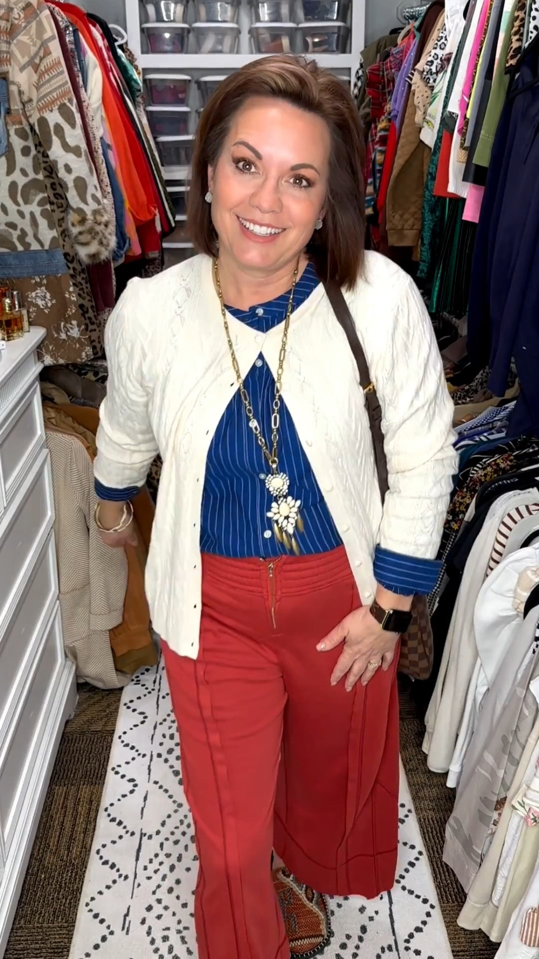 This is one of those outfits that feels pulled together but still comfortable enough for a full day out. I love mixing classic closet staples with a rich pop of color, and these rust wide-leg pants do all the heavy lifting. Layered with a cable knit cardigan and a striped button-down, this look works for errands, casual meetings, or lunch with friends. Finished it off with comfortable flats and a neutral crossbody for an easy, wearable outfit that transitions through seasons. Everything is linked in my LTK for easy shopping.



women over 40 outfits
women over 50 casual outfit
wide leg pants outfit women
rust pants outfit
classic casual outfit women
comfortable everyday outfit
layered outfit women
neutral cardigan outfit
striped button down women
closet staple outfits


#LTKootd #LTKgrwm #LTKFindsUnder50