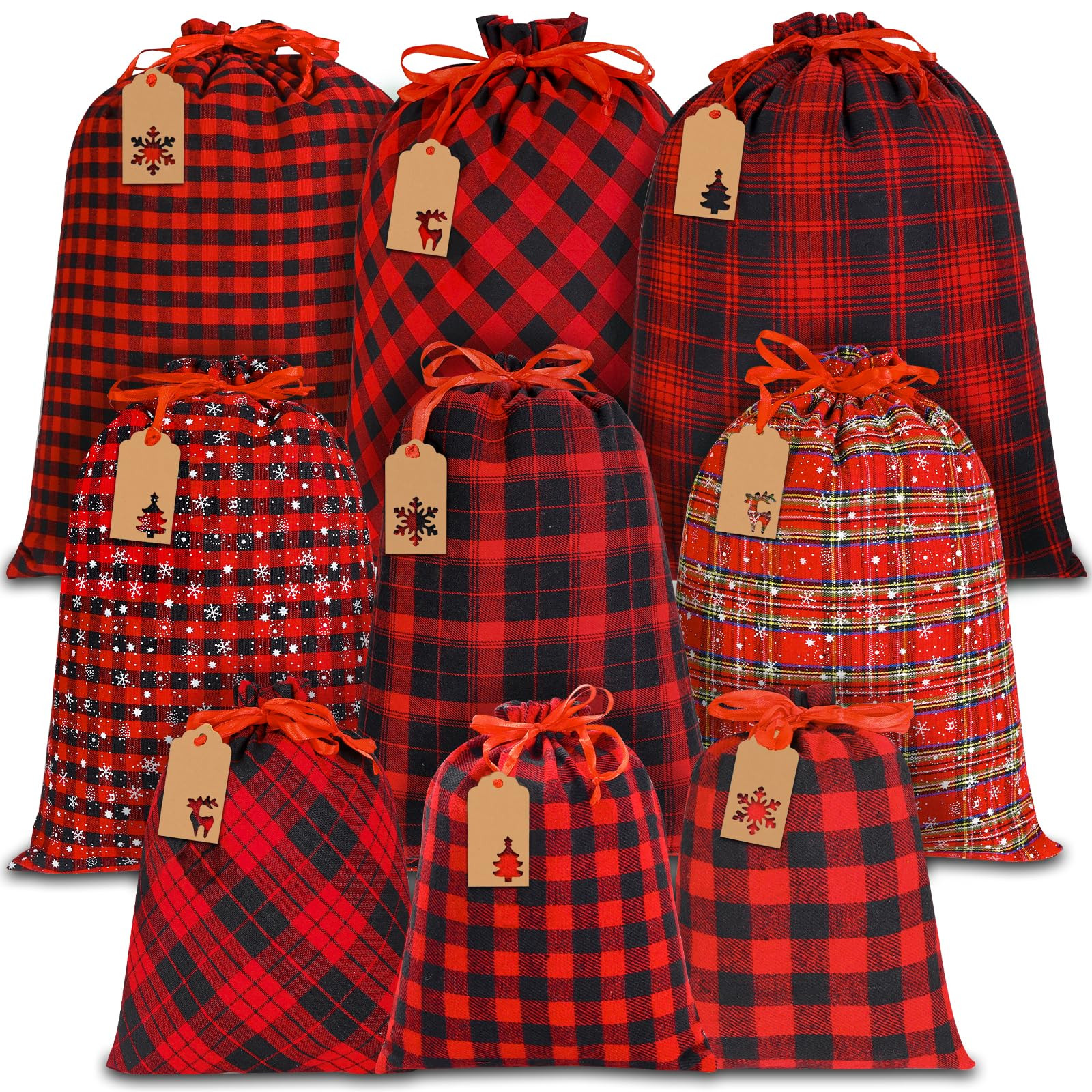 YUJUN 9PCS Christmas Drawstring Bags Cotton Buffalo Plaid Bags Sacks Xmas Red Black Wrapping Stor... | Amazon (US)