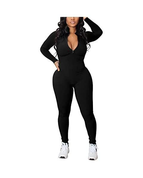 LuFeng Women's Sexy Long Sleeve Scoop Neck Bodycon One Piece Outfits Club Jumpsuit Rompers with B... | Amazon (US)