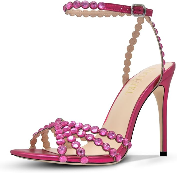 Women's Rhinestone Stiletto High Heels Buckle Strappy Heeled Sandals Round Toe Sexy Dressy Pumps ... | Amazon (US)