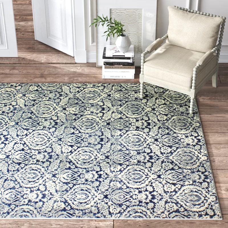 Andante Damask Dark Blue Area Rug | Wayfair North America