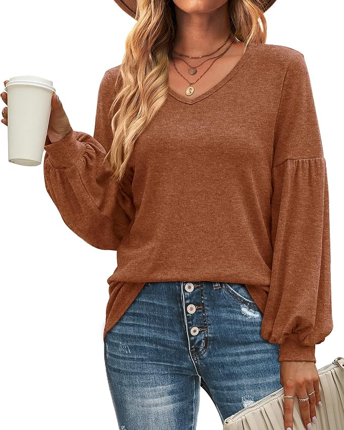 WIHOLL Womens V Neck Shirts Balloon Sleeve Blouses Casual Tunic Tops | Amazon (US)