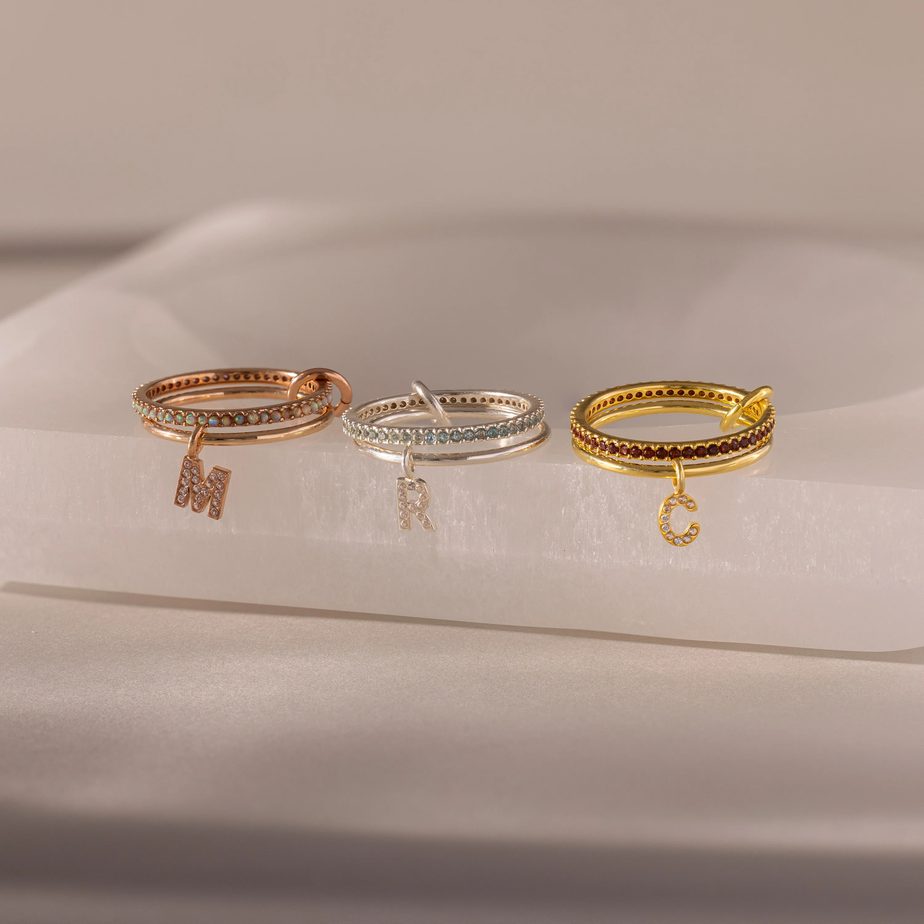 Linked Pave Initial Charm Birthstone Ring Set | Caitlyn Minimalist | Caitlyn Minimalist