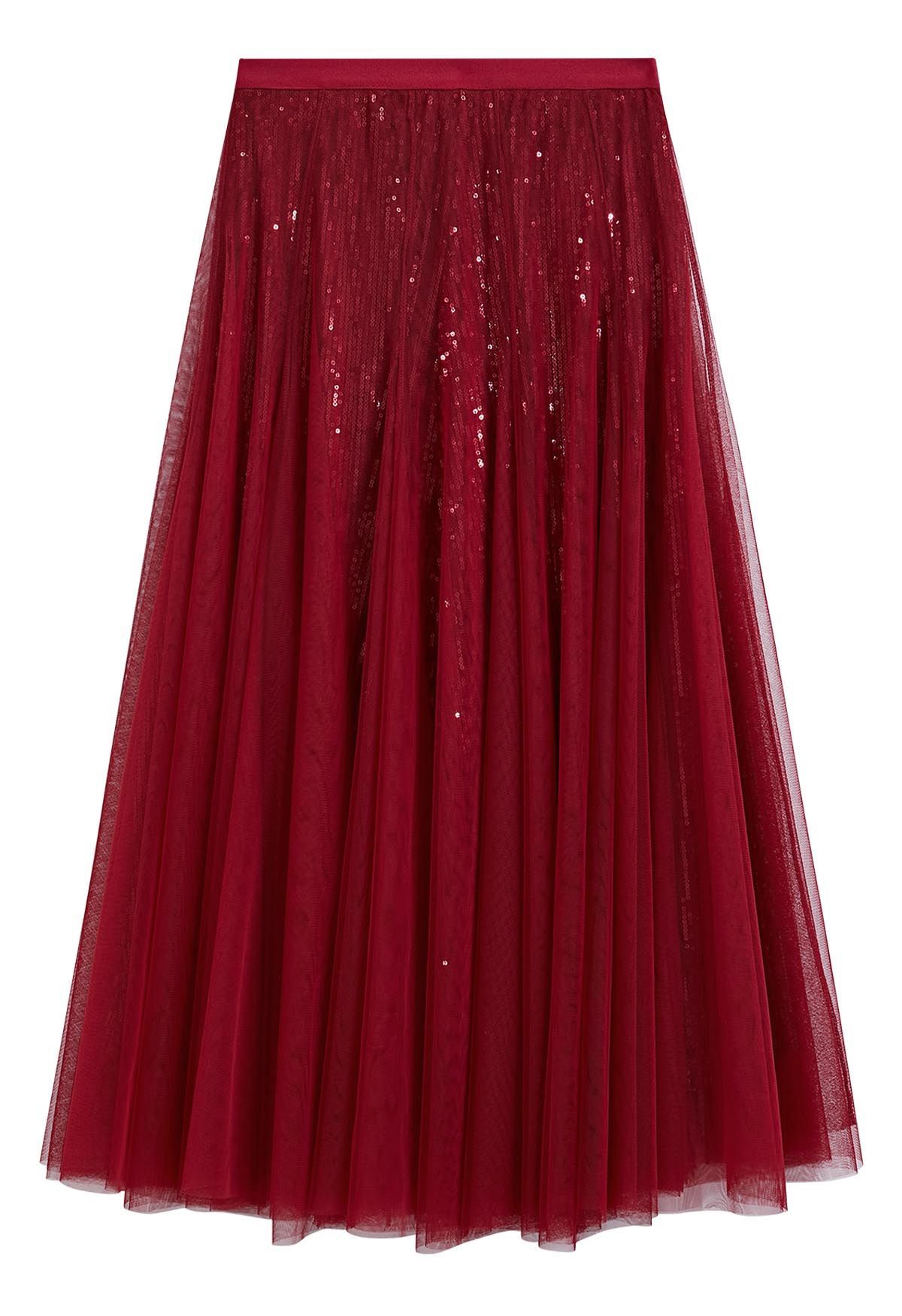 Ravishing Sequins Mesh Tulle Midi Skirt in Red | Chicwish