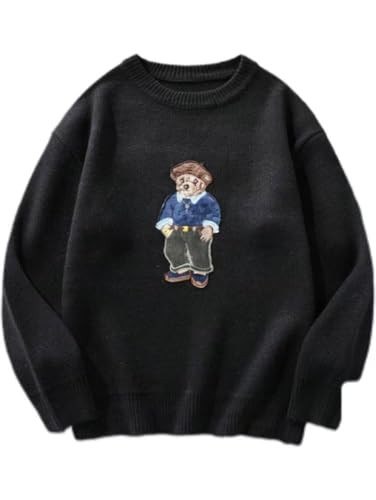 Teddy Bear Embroidered Sweater, Fleece Lined Crewneck Pullover, Warm Winter Knit, Navy Blue, Green, Black (US, Alpha, Small, Regular, Regular, Black) | Amazon (US)