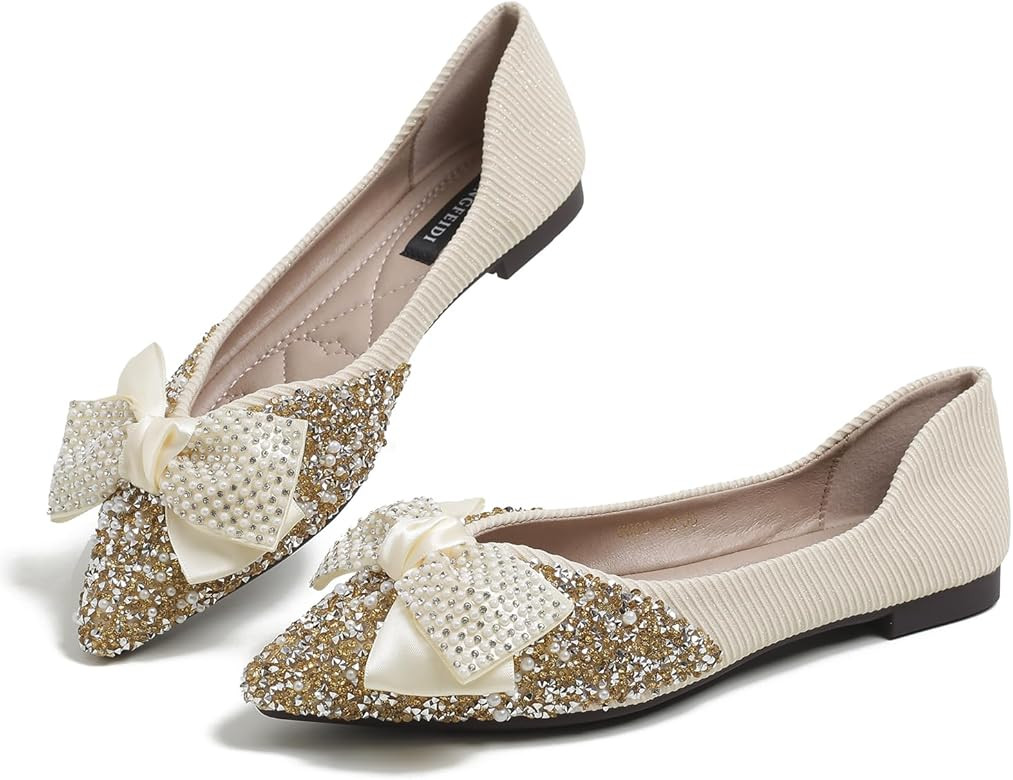 QXCGDYXT Flats Shoes Women Rhinestone Wedding Flats Comfort Pointed Toe Ballet Flat Shoe Low Heel Dr | Amazon (US)