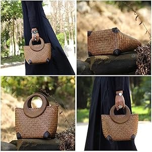 Hand-woven Womens Straw Boho Handbag Bag for Women, Summer Beach Rattan Tote Travel Bag with Wood... | Amazon (US)