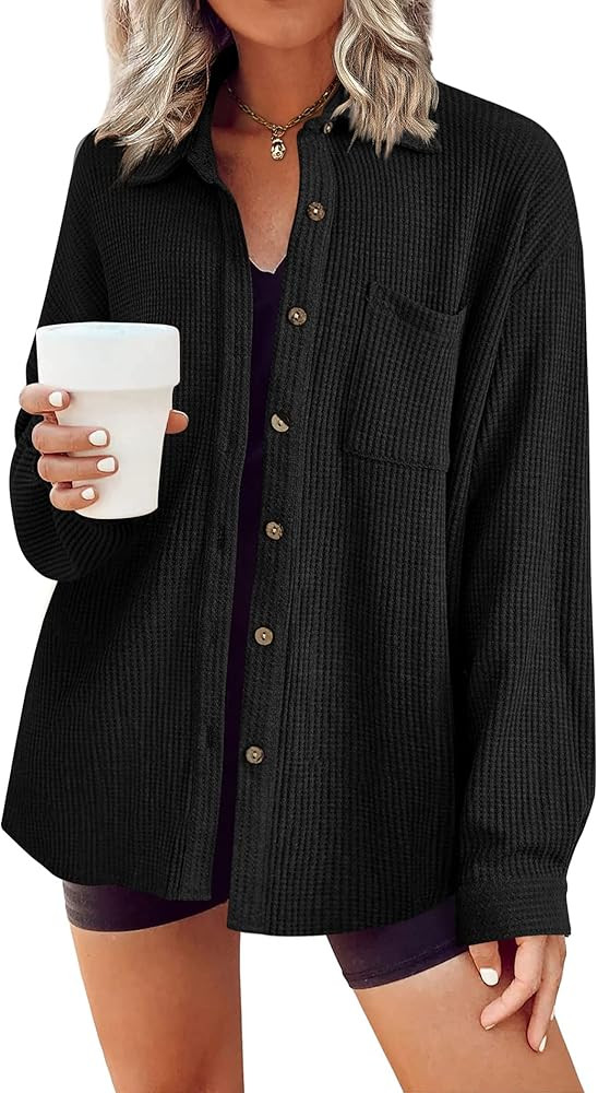 HOTOUCH Waffle Knit Button Down Shirts for Women Dressy Casual Work Tops Long Sleeve Loose Fit Sh... | Amazon (US)