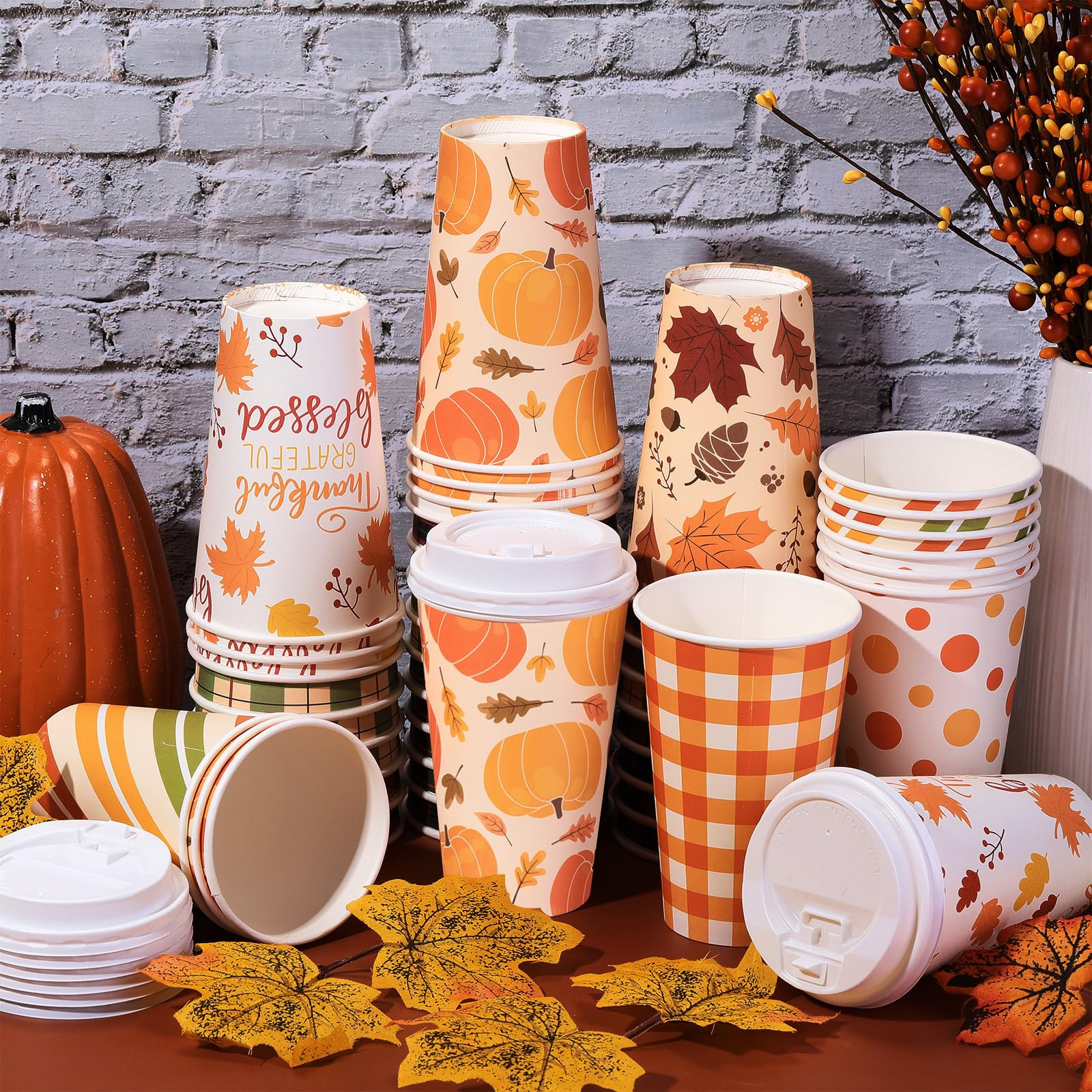Umigy 60 Pack Fall Paper Coffee Cups 16 oz Thanksgiving Paper Hot Cup Disposable with Lids and St... | Amazon (US)