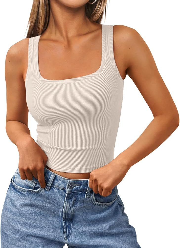 Trendy Queen Women's Summer Square Neck Tank Tops Workout Cropped Ribbed Summer Camisole Sleevele... | Amazon (US)