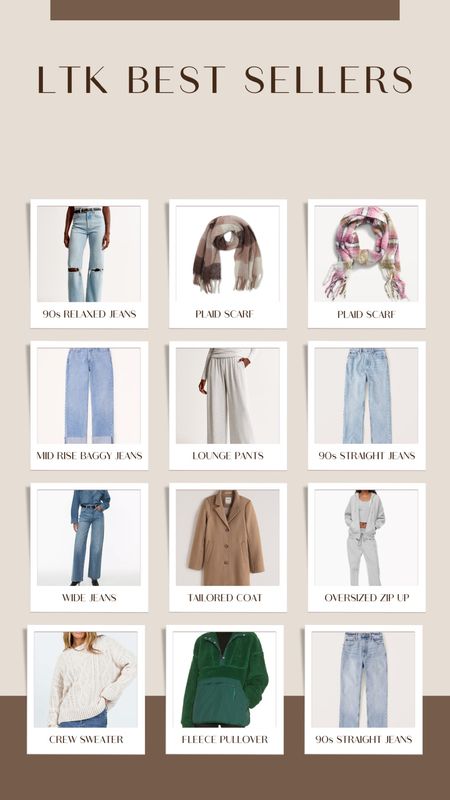 LTK Best Sellers from this past week! 90s relaxed jeans, abercrombie jeans, abercrombie 90s straight jeans, blanket scarf, plaid scarf, lounge pants, tailored coat, abercrombie tailored coat, oversized TNA zip up hoodie, crew sweater, green fleece pullover