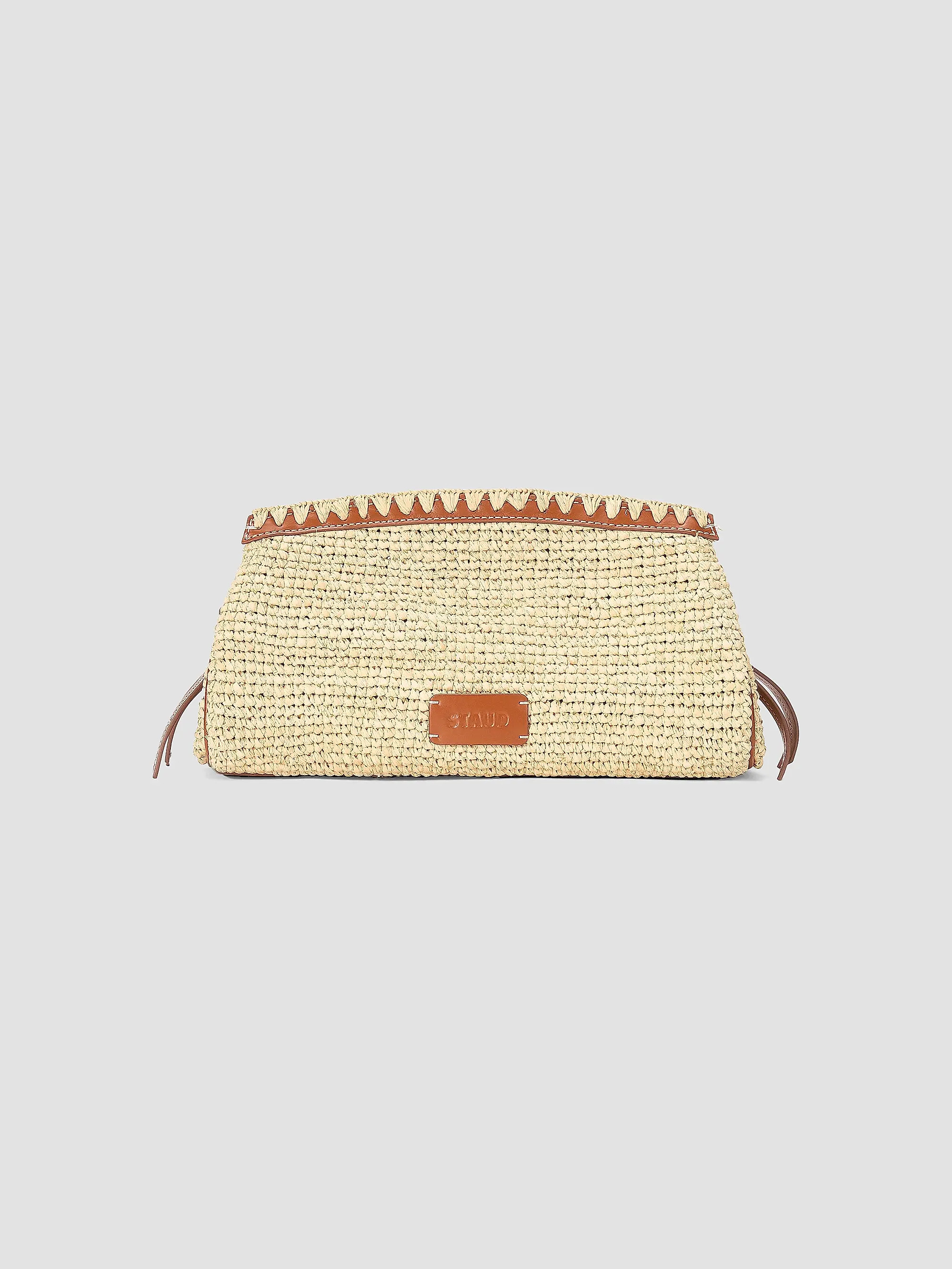 Staud Maude Leather-Trim Raffia Clutch | Saks Fifth Avenue | Saks Fifth Avenue