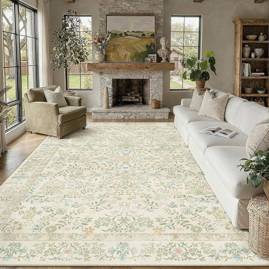 PureCozy 8x10 Light Green Area Rug for Living Room Bedroom Washable Vintage Floral Carpet Low Pil... | Amazon (US)