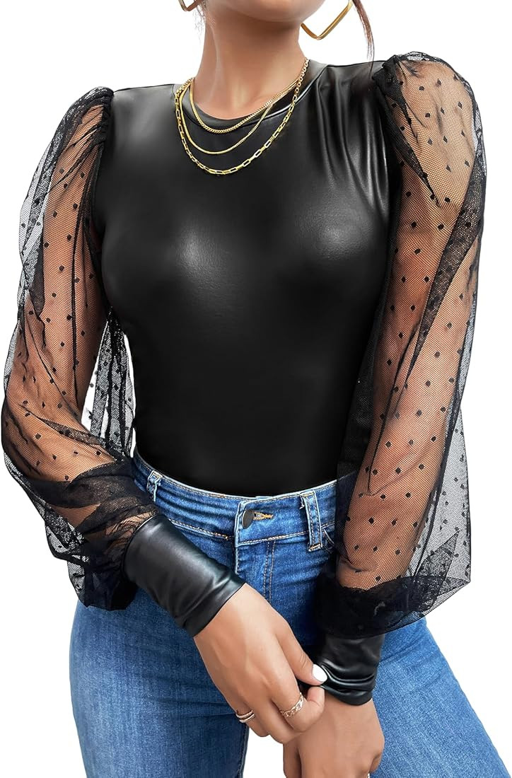 WDIRARA Women's PU Leather Polka Dots Sheer Mesh Puff Long Sleeve Slim Party Top Blouse | Amazon (US)