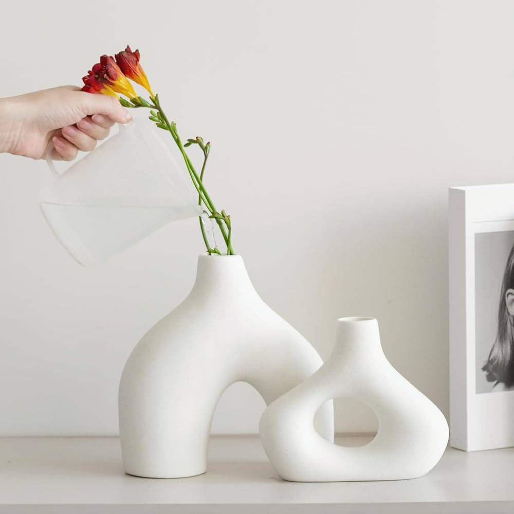 White Ceramic Vase Set of 2 for Home Decor, Round Matte Donut Vases for Pampas Grass, Nordic Mode... | Amazon (CA)