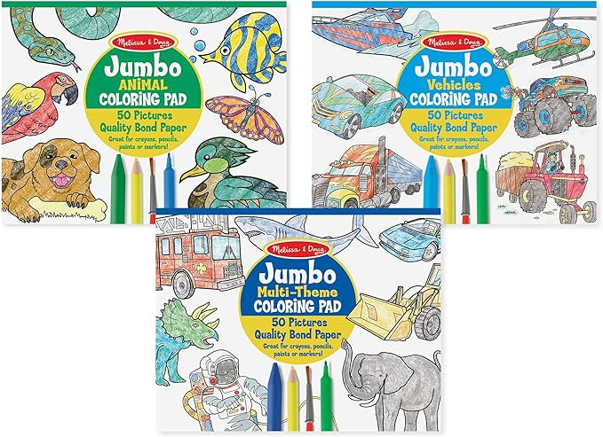 Melissa & Doug Jumbo 50-Page Kids' Coloring Pads 3-Pack - Animals, Vehicles, and Multi-Themed - F... | Amazon (US)