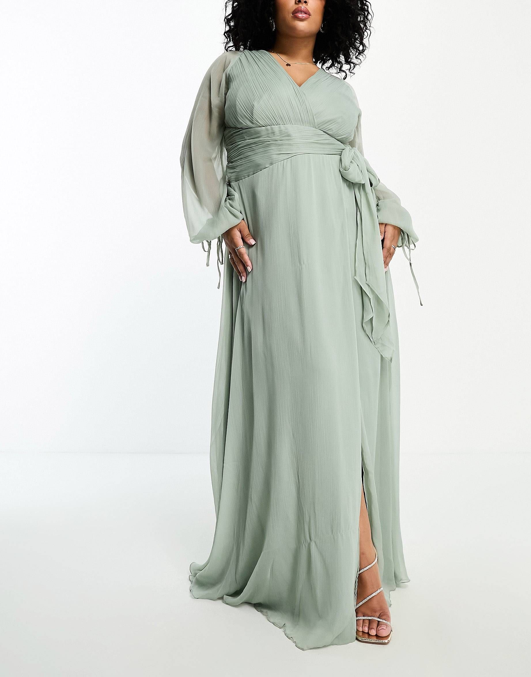 ASOS DESIGN Curve bridesmaid long sleeve ruched maxi dress with wrap skirt in olive | ASOS (Global)