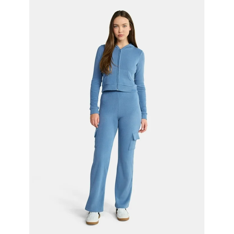 No Boundaries Brushed Ribbed Zip-Up Hoodie and Flare Pants Set, 2-Piece, Women's | Walmart (US)