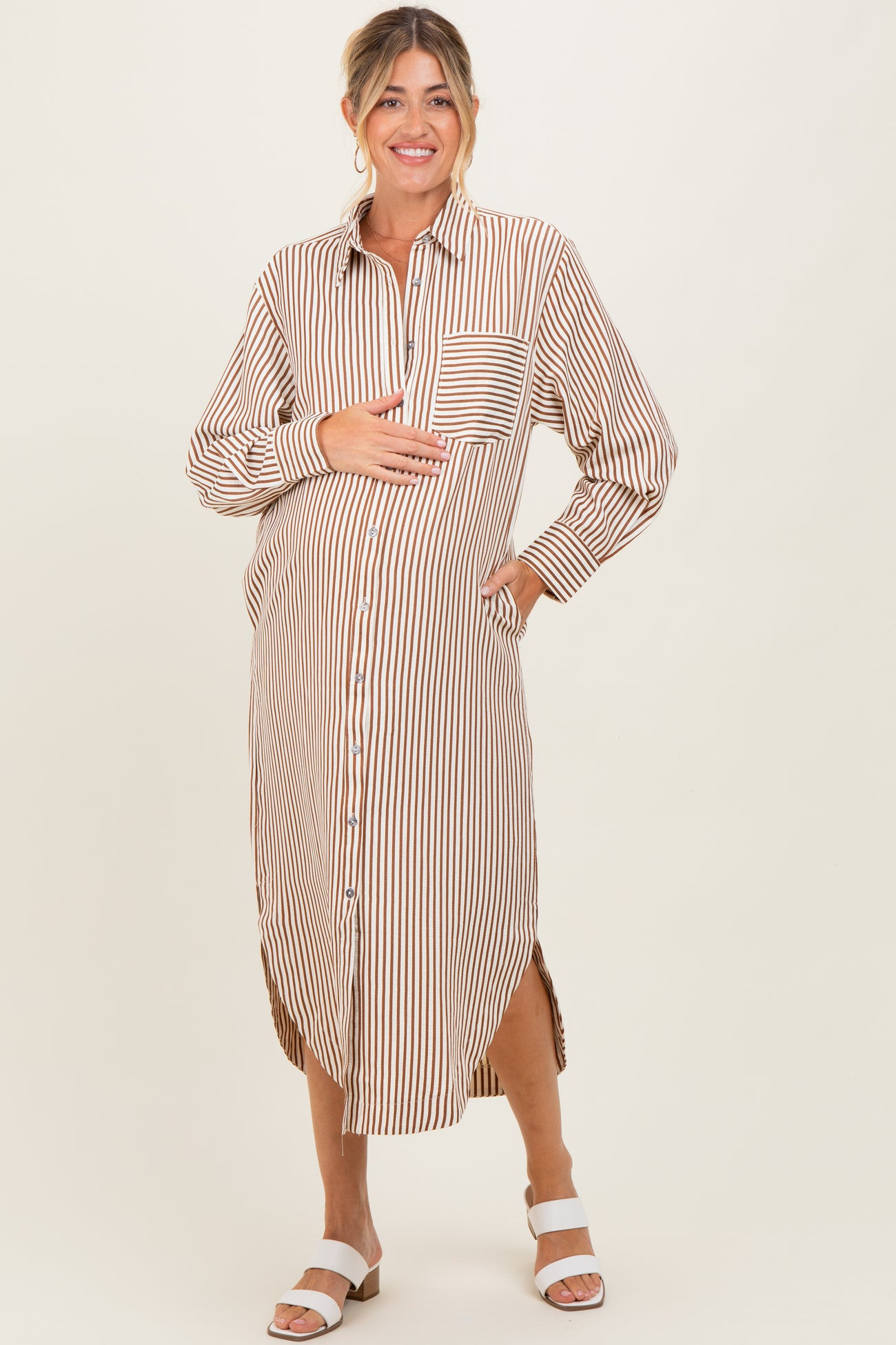 Camel Textured Stripe Button Down Maternity Shirt Dress | PinkBlush Maternity