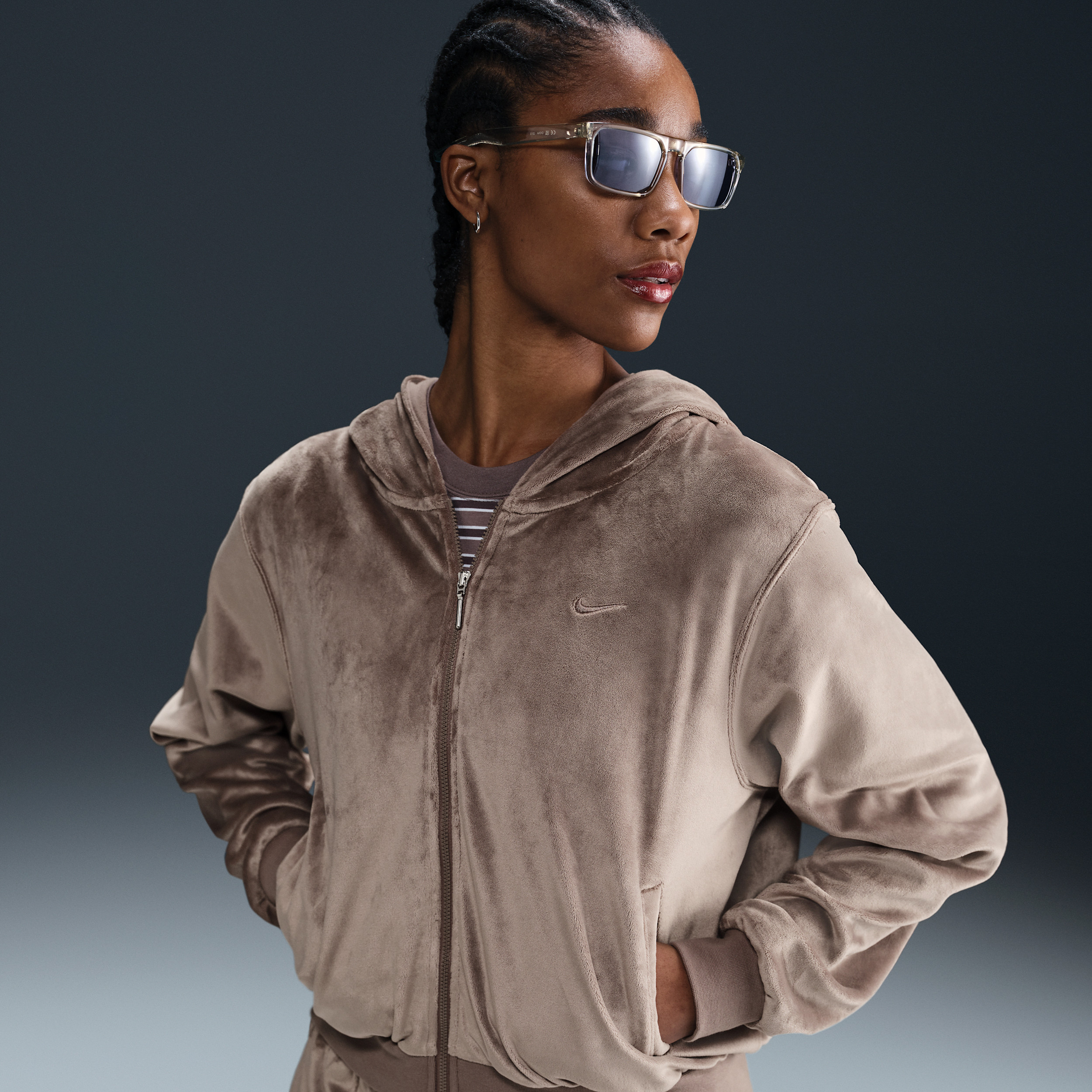 Women's Nike Sportswear Chill Knit Loose Velour Full-Zip Hoodie in Brown | HJ0954-233 | Nike (US)