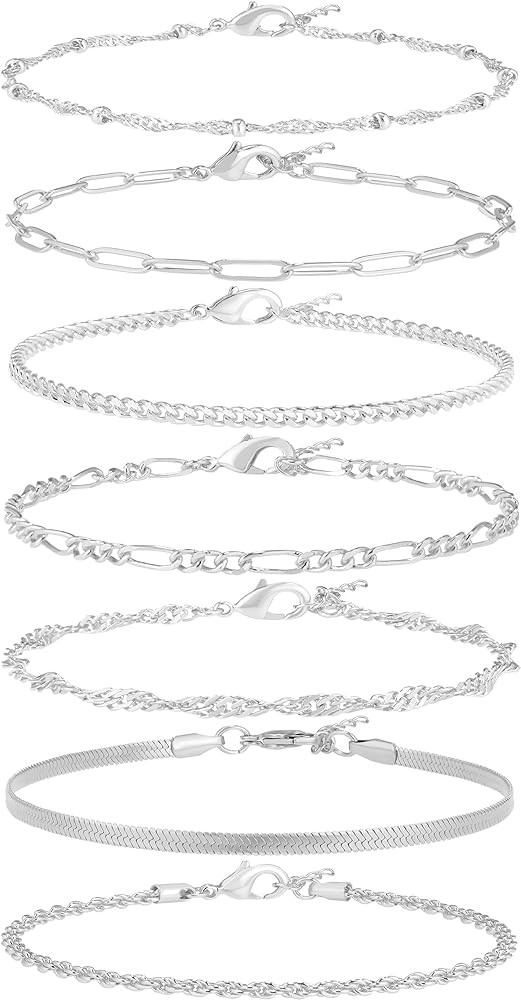 Reoxvo Dainty Bracelets for Women，Sterling Silver Plated Link Chain Charm Bracelet Set for Wome... | Amazon (US)